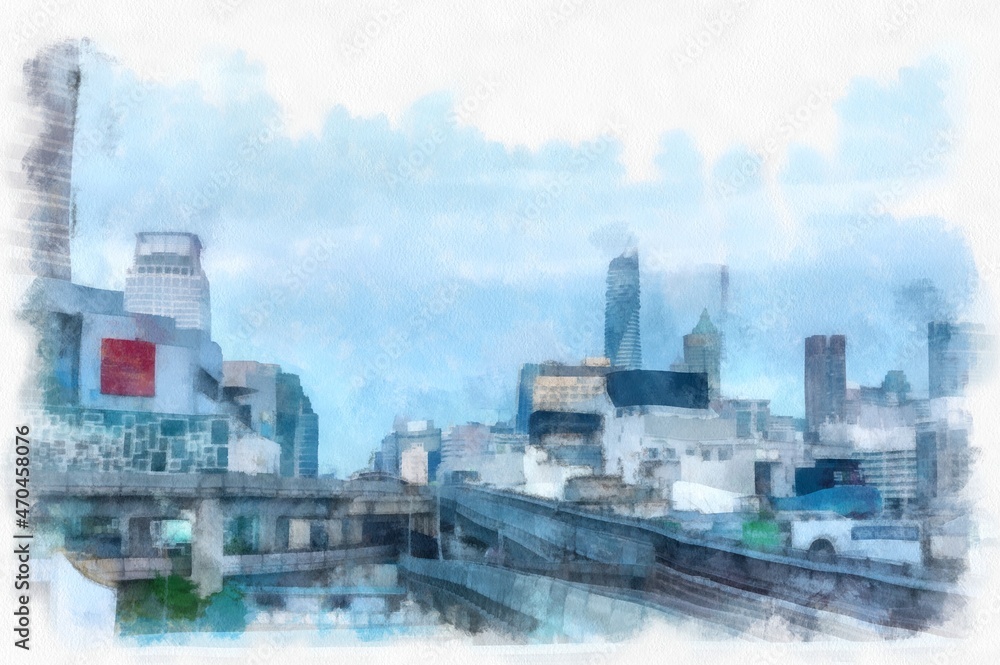 landscape of buildings in the city watercolor style illustration impressionist painting.