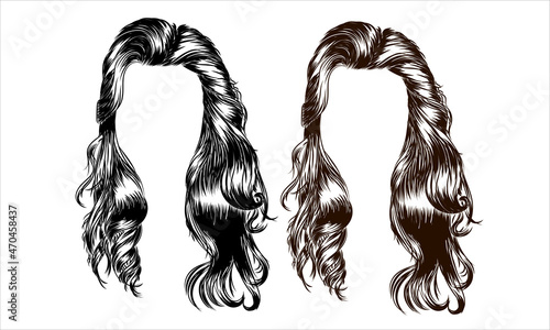  long hair with black hair. Fashion illustration for salon, web, business card, templates.Sketch style realistic hair created with lines.
