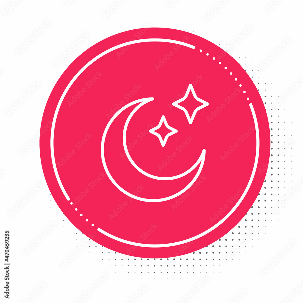 White line Moon and stars icon isolated on white background. Cloudy night sign. Sleep dreams symbol. Full moon. Night or bed time sign. Red circle button. Vector White line Moon and stars icon isolated on white background. Cloudy night sign. Sleep dreams symbol. Full moon. Night or bed time sign. Red circle button. Vector