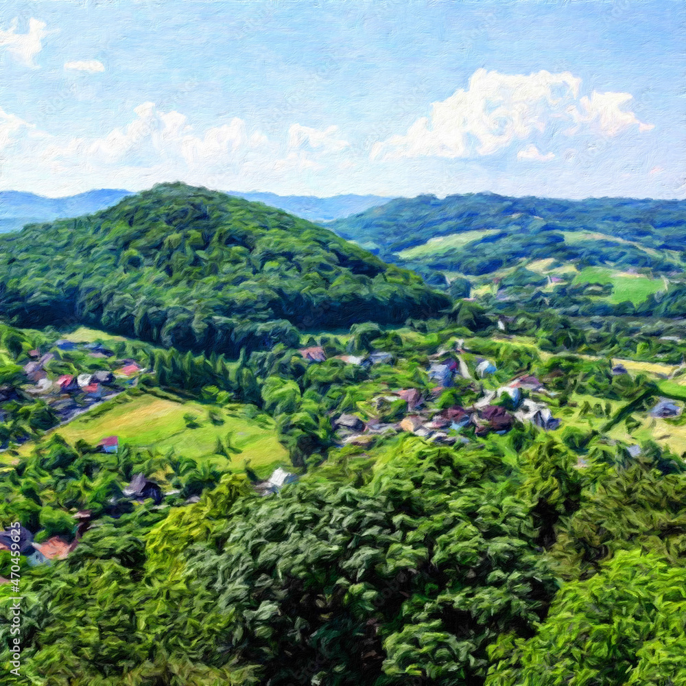Beautiful landscape painting art in big size. Nature scene drawing artwork. Illustration for design digital or print work - poster, postcard, canvas, paper and else touristic production. Beautiful landscape painting art in big size. Nature scene drawing artwork. Illustration for design digital or print work - poster, postcard, canvas, paper and else touristic production.