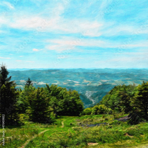 Beautiful landscape painting art in big size. Nature scene drawing artwork. Illustration for design digital or print work - poster  postcard  canvas  paper and else touristic production.