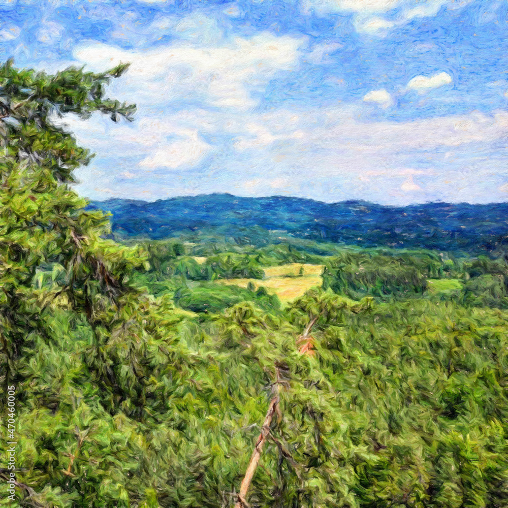 Fototapeta premium Beautiful landscape painting art in big size. Nature scene drawing artwork. Illustration for design digital or print work - poster, postcard, canvas, paper and else touristic production.