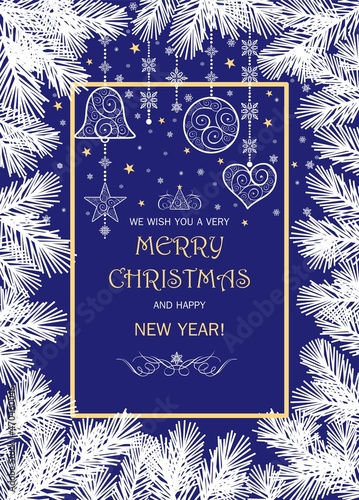 Vertical Christmas navy blue retro greeting card template for winter holidays with snowy conifer branches vignette and vintage hanging decoration