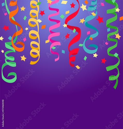 Violet background with colorful hanging ribbons and confetti for Xmas and Birthday night party celebration