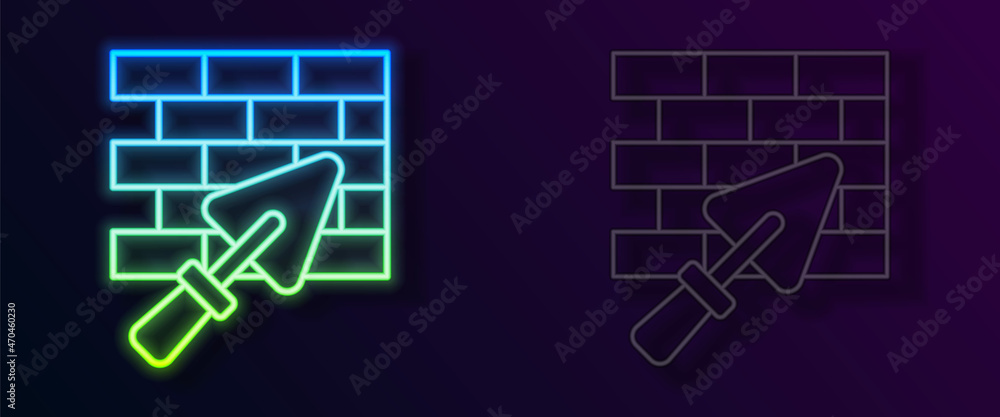 Glowing neon line Brick wall with trowel icon isolated on black background. Vector
