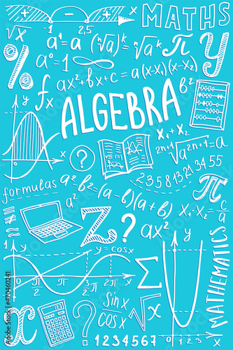 Maths symbols icon set. Algebra or mathematics subject cover doodle design. Education and study concept. Back to school sketchy background for notebook, not pad, sketchbook. Hand drawn illustration.
