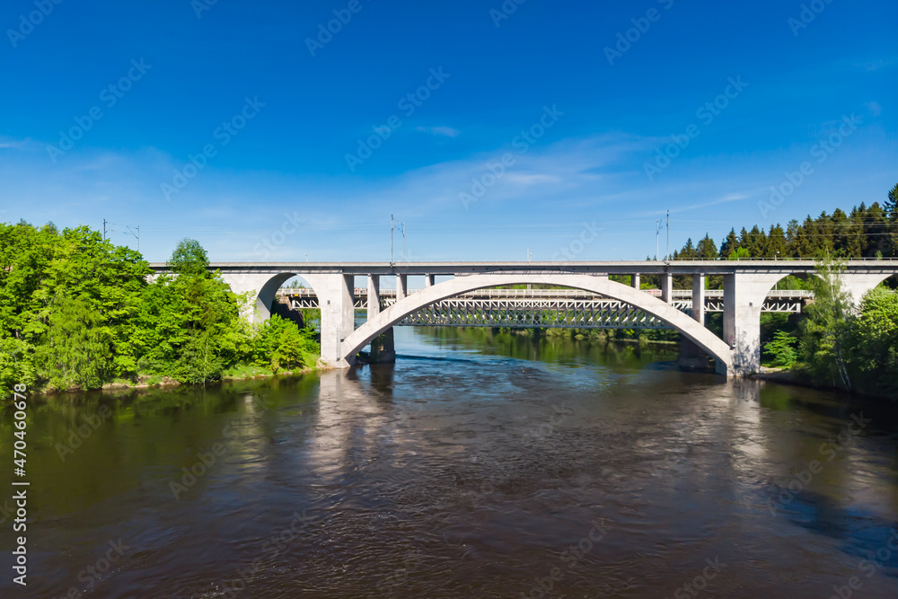 Summer aerial view of bridge and Kymijoki river waters in Finland, Kymenlaakso, Kouvola, Koria