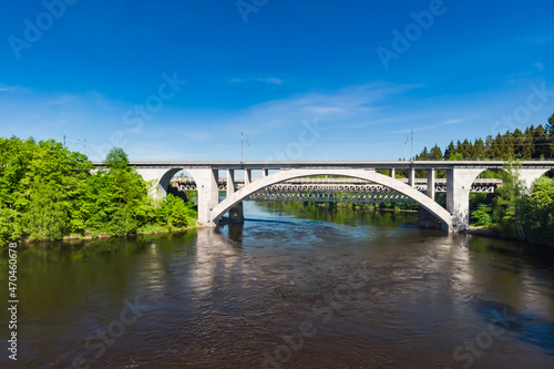 Summer aerial view of bridge and Kymijoki river waters in Finland, Kymenlaakso, Kouvola, Koria © Elena Noeva
