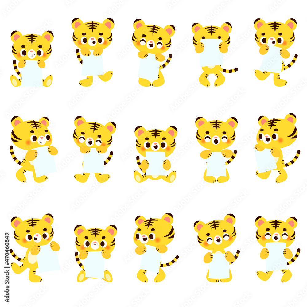 白紙の紙を持ったトラのイラストセット 白紙の紙を持ったトラのイラストセット