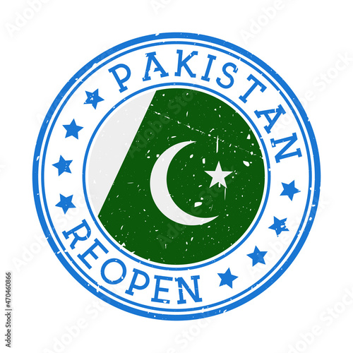 Pakistan Reopening Stamp. Round badge of the country with the flag of Pakistan. Reopening after lockdown sign. Vector illustration.