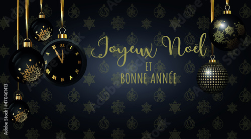 carte ou bandeau sur un joyeux noël et une bonne année en or sur un fond noir avec des flocons boule de noël et étoile en or et de chaque coté des boule, horloge de couleur or et noir