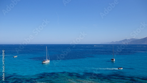 High view of amazing nature of the Corsica island, France, mountains seascape background.