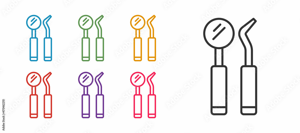 Set line Dental inspection mirror and probe icon isolated on white background. Explorer scaler. Tool dental checkup. Set icons colorful. Vector Set line Dental inspection mirror and probe icon isolated on white background. Explorer scaler. Tool dental checkup. Set icons colorful. Vector