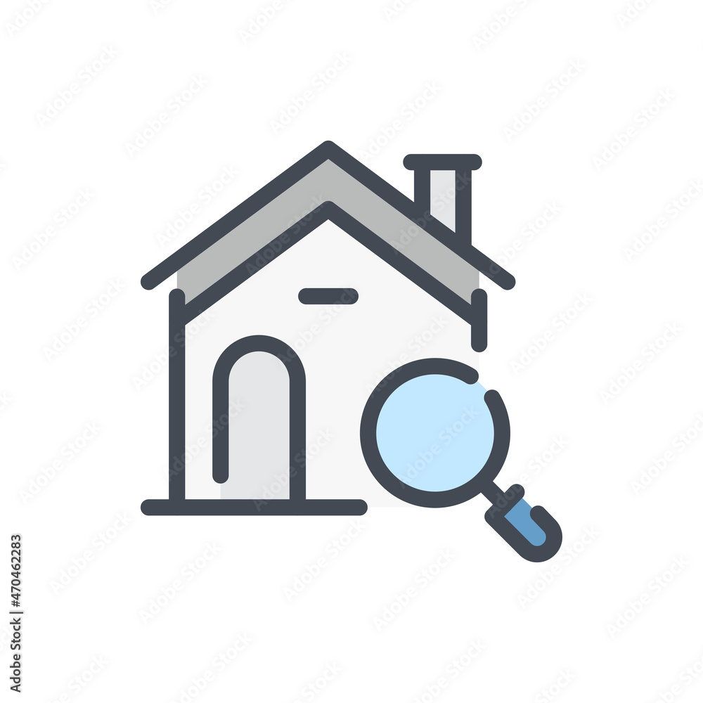 Home search color line icon. House building with magnifier glass vector outline colorful sign. Home search color line icon. House building with magnifier glass vector outline colorful sign.