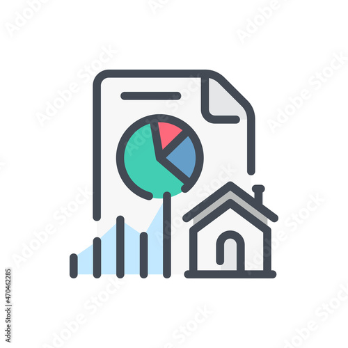 Dynamics of growth in real estate prices color line icon. Statistics report with house building and chart vector outline colorful sign.