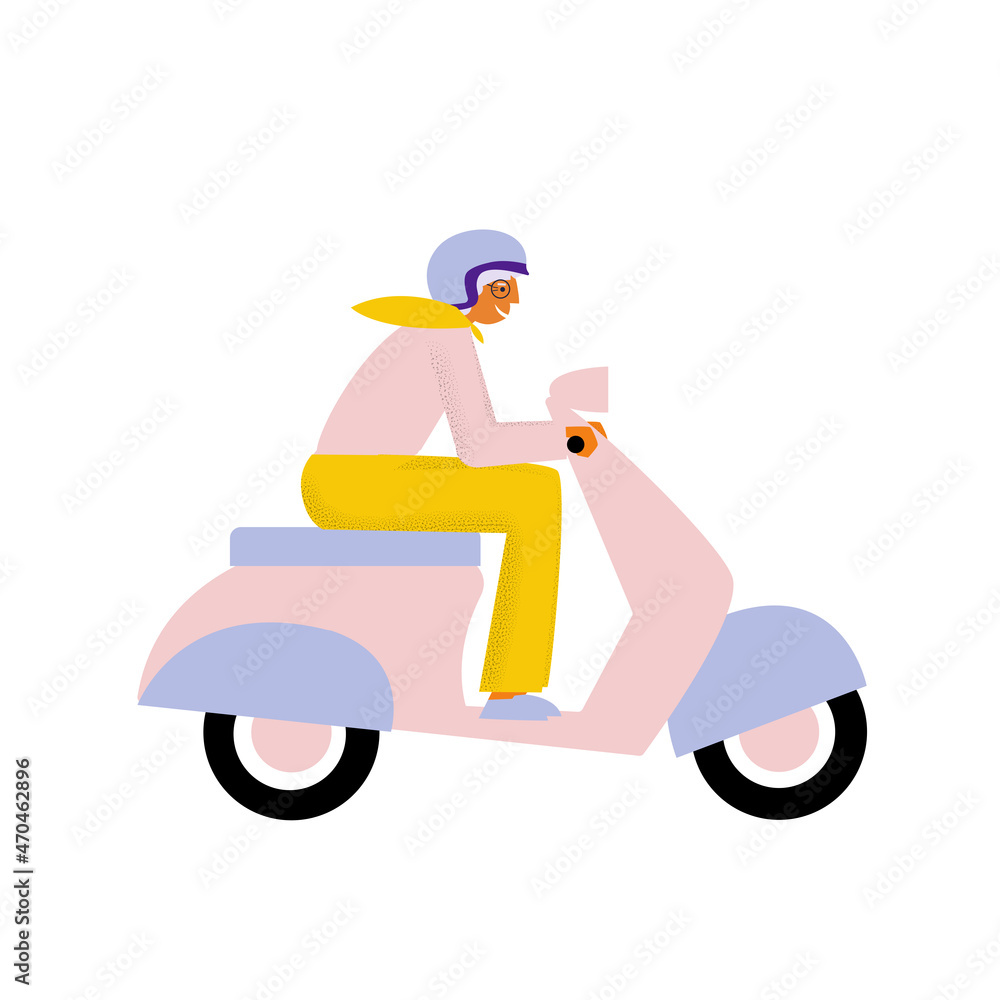 Elderly lady riding scooter. Old woman has a joyride by motorbike. Flat vector illustration Elderly lady riding scooter. Old woman has a joyride by motorbike. Flat vector illustration