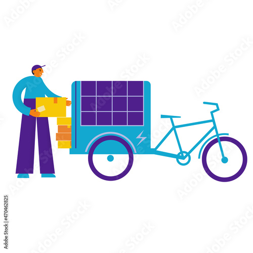 Man courier stands near electric cargo bike with solar panel on a cart. Use green solar energy. Bicycle delivery man carrying package. Ecological city transport. Flat vector illustration