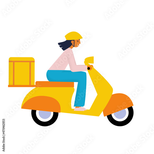 Courier girl on motorbike hurry to deliver the order. Food scooter delivery. Flat vector illustration