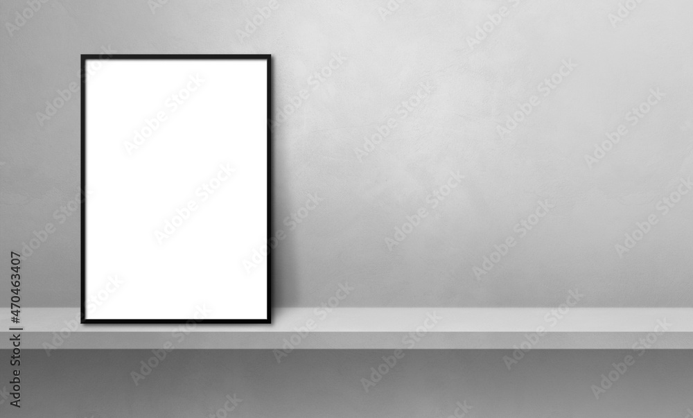 Black picture frame leaning on a grey shelf. 3d illustration. Horizontal banner Black picture frame leaning on a grey shelf. 3d illustration. Horizontal banner