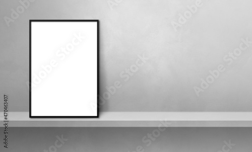 Black picture frame leaning on a grey shelf. 3d illustration. Horizontal banner