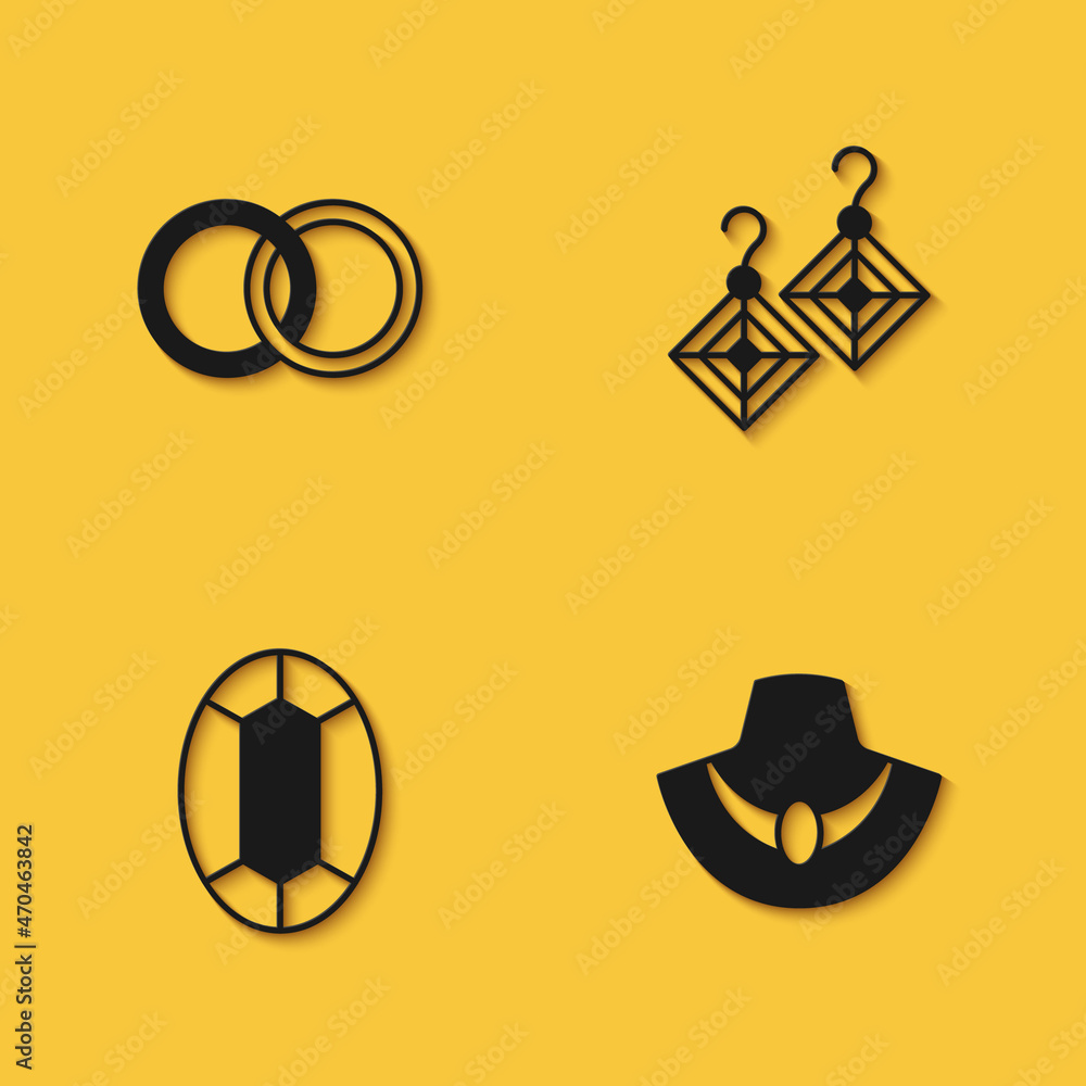 Set Wedding rings, Necklace on mannequin, Gem stone and Earrings icon with long shadow. Vector Set Wedding rings, Necklace on mannequin, Gem stone and Earrings icon with long shadow. Vector