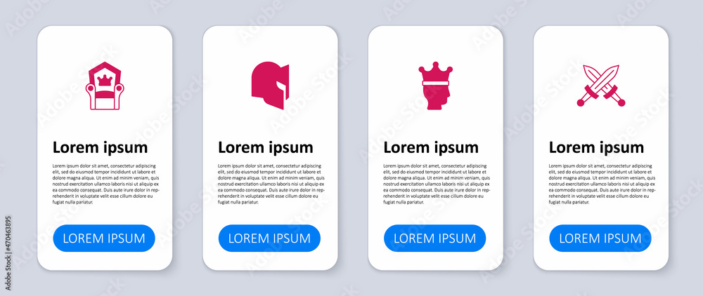Set Crossed medieval sword, King crown, Medieval helmet and throne. Business infographic template. Vector Set Crossed medieval sword, King crown, Medieval helmet and throne. Business infographic template. Vector