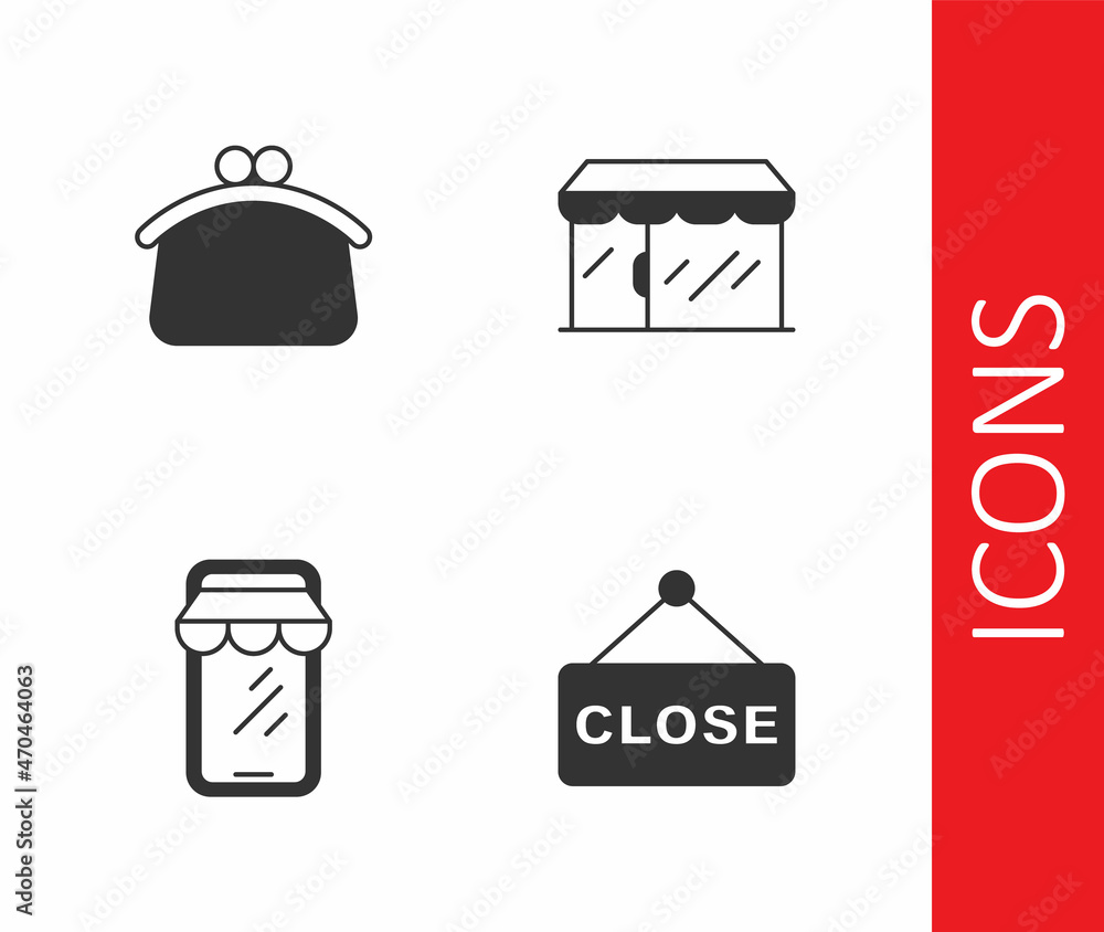 Set Hanging sign with text Closed, Wallet, Online shopping on phone and Market store icon. Vector Set Hanging sign with text Closed, Wallet, Online shopping on phone and Market store icon. Vector