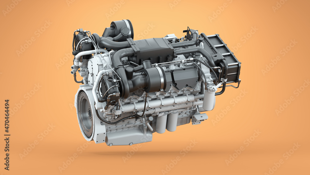 Diesel engine. Heavy duty turbo diesel engine. Orange background. 3d render Diesel engine. Heavy duty turbo diesel engine. Orange background. 3d render