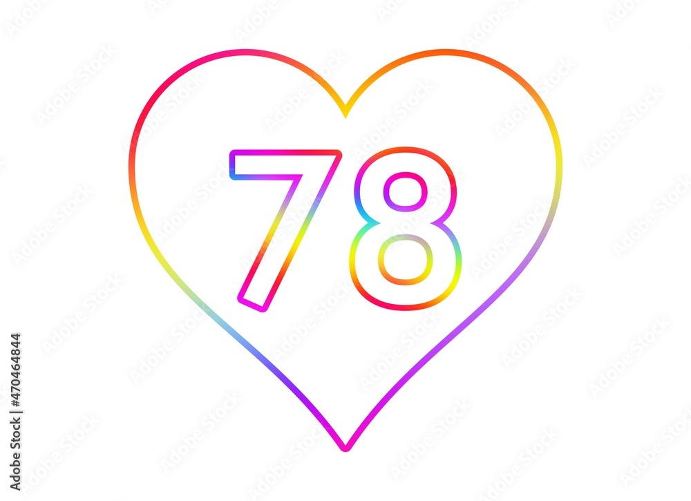 Fototapeta premium Number 78 into a white heart with rainbow color outline.