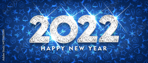 2022 Happy new year. Silver Design of greeting card. Silver Shining Pattern. Happy New Year Banner with 2022 Numbers on Bright Background. Vector illustration