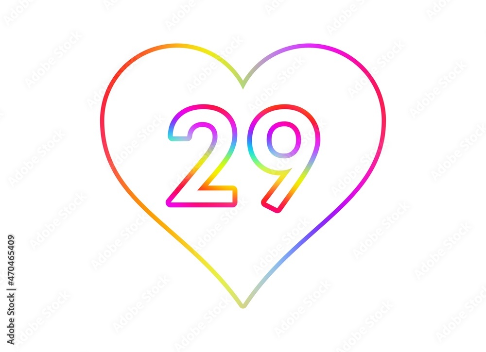 Number 29 into a white heart with rainbow color outline. Number 29 into a white heart with rainbow color outline.