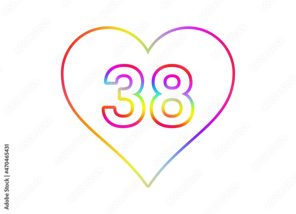 Number 38 into a white heart with rainbow color outline. Number 38 into a white heart with rainbow color outline.