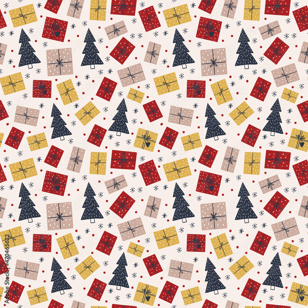 Seamless pattern with gifts and tree on a white background. Christmas pattern. Wrapping paper.