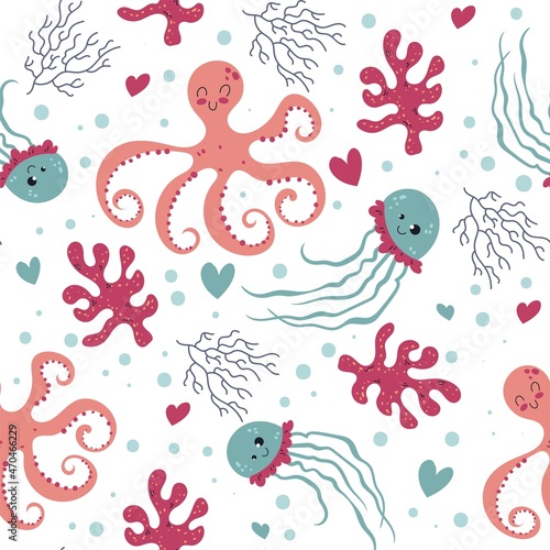 Seamless pattern sea world. Marine animals, corals and algae, kids octopus and jellyfish, ocean underwater creatures, cute characters. Decor textile, wrapping paper wallpaper, vector print