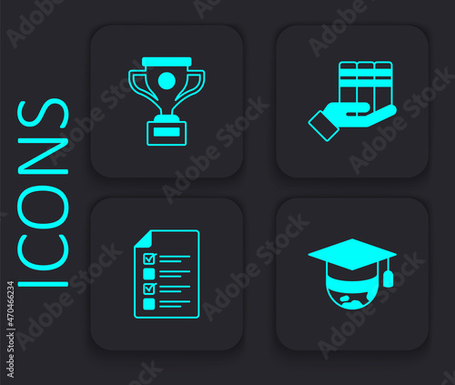 Set Graduation cap on globe, Award cup, Book donation and Online quiz, test, survey icon. Black square button. Vector
