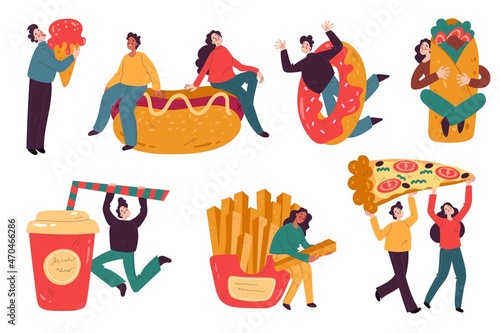 People with fast food. Happy characters holding hot dog and donut. French fries and big pizzas piece. Man eating ice cream. Woman hugging big burrito. Vector street meal and drinks set