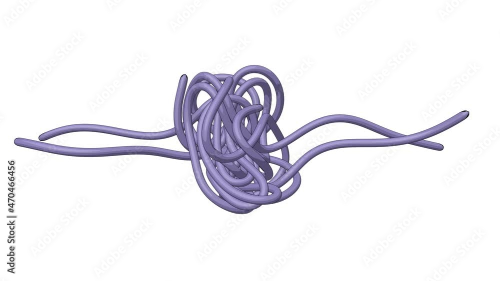 Several blue ropes are randomly curled up into a ball on white ...