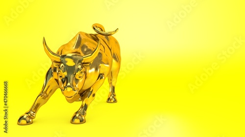 A golden bull. Statue on a yellow background. 3d render.3d rendering of Golden bull as a symbol of wealth and success in the red Scrap yellow background