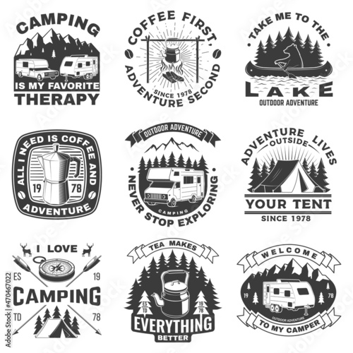 Set of camping badges, patches and outdoor adventure emblem, logo. Mountain tourism, hiking. Jungle camp label in vintage style. Graphic Art. Vector Illustration. Concept for shirt or logo, print