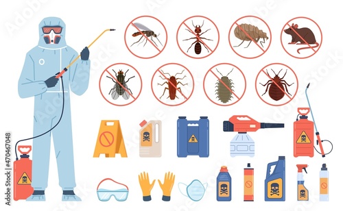 Disinfection service. Man in uniform. Antiparasitic chemicals. Insect and rodent control worker with insecticidal equipment. Professional equipping. Vector parasite extermination set