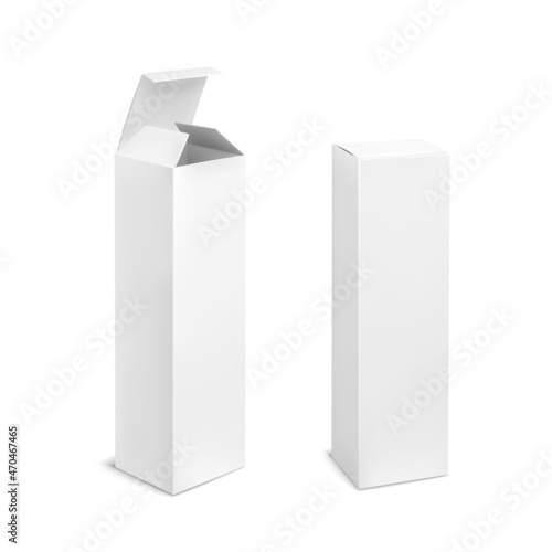 Empty box white. Cardboard boxes rectangular blank package with shadows. Product paper open and closed packaging angle view, advertising realistic mockup. Vector 3d isolated illustration
