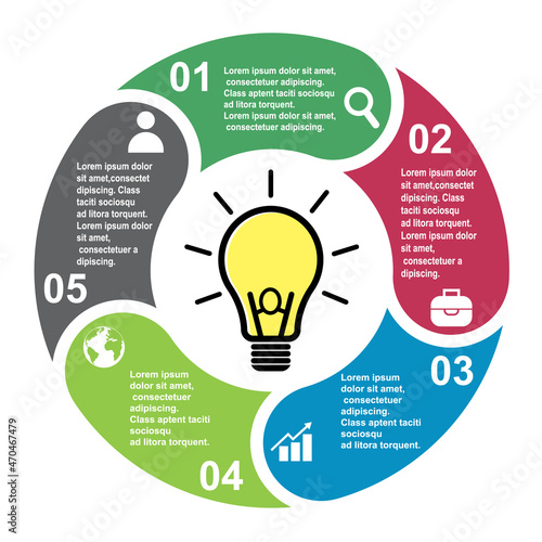 5 steps vector element in five colors with labels, infographic diagram. Business concept of 5 steps or options with light bulb