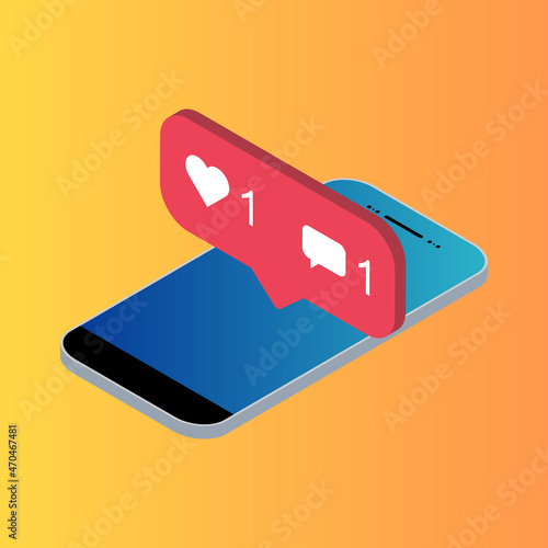 Follower isometric phone notification symbol for application instagram. App button for social media. Vector illustration icon