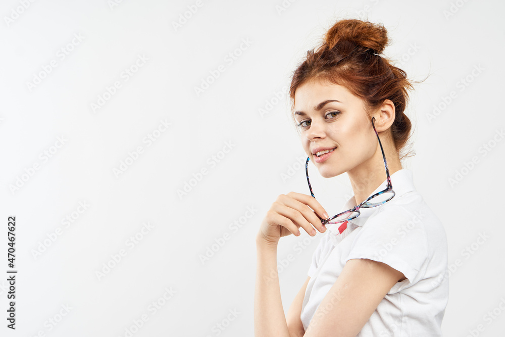 women in white shirt glasses posing color background women in white shirt glasses posing color background