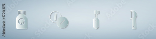 Set Toothache painkiller tablet, Electric toothbrush and Dental floss. Paper art style. Vector