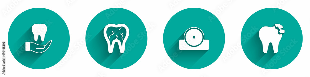 Set Tooth, Broken tooth, Otolaryngological head reflector and icon with long shadow. Vector Set Tooth, Broken tooth, Otolaryngological head reflector and icon with long shadow. Vector