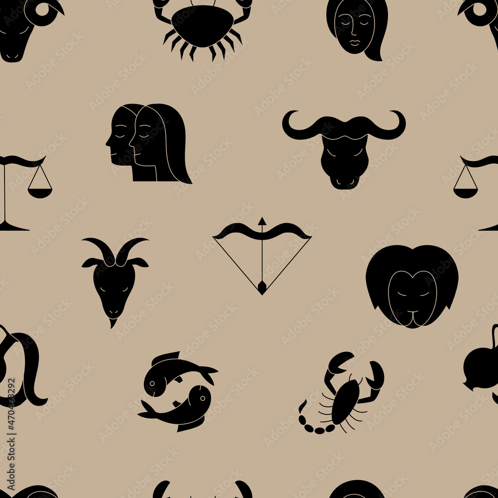 Seamless pattern of astrological zodiac signs icons.