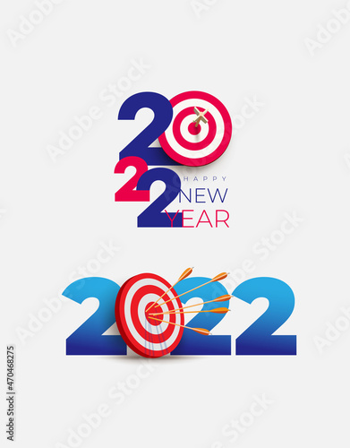 New Year realistic target and goals with symbol blue numbers of 2022 from red archery target, arrows archer and number. Set of vector resolution, target for new year 2022 concept.