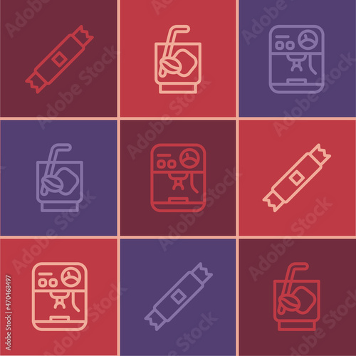 Set line Sugar stick packets, Coffee machine and Espresso tonic coffee icon. Vector