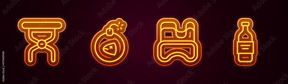 Set line Camping folding chair, Bomb, Diving mask and Bottle of vodka. Glowing neon icon. Vector Set line Camping folding chair, Bomb, Diving mask and Bottle of vodka. Glowing neon icon. Vector